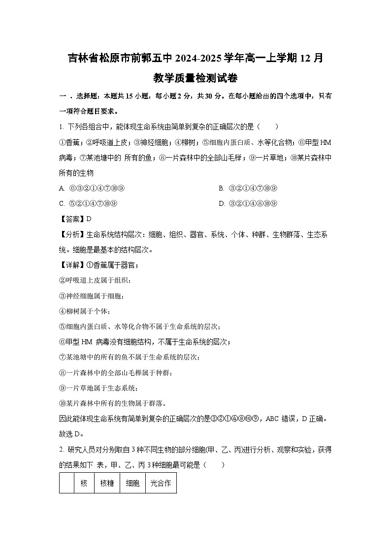 2024~2025学年吉林省松原市前郭五中高一上学期12月教学质量检测生物试卷（解析版）第1页