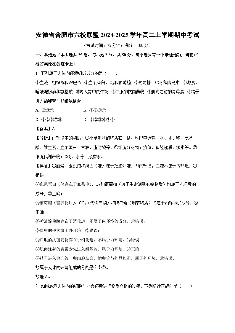 2024~2025学年安徽省合肥市六校联盟高二上学期期中考试生物试卷（解析版）第1页
