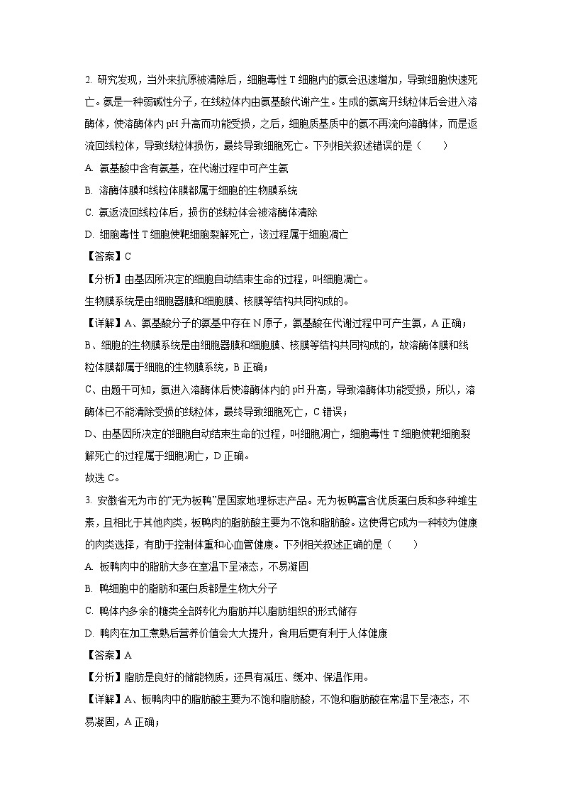 2024~2025学年安徽省卓越县中联盟高三上学期期中联考生物试卷（解析版）第2页