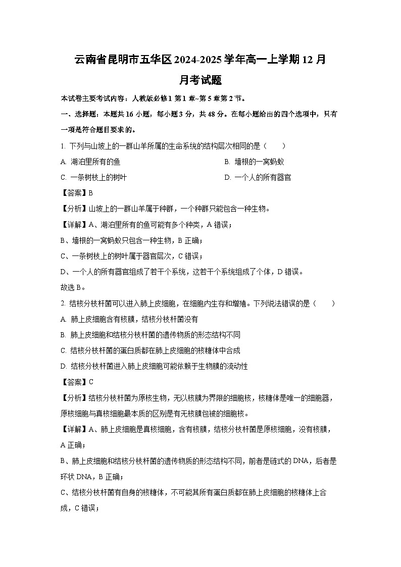 2024~2025学年云南省昆明市五华区高一上学期12月月考生物试卷（解析版）第1页