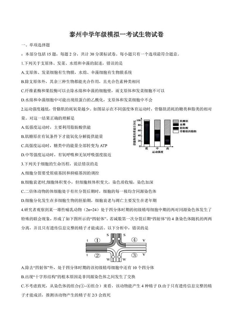 江苏泰州中学2025届高三高考一模考试试卷 生物试卷（含答案）第1页