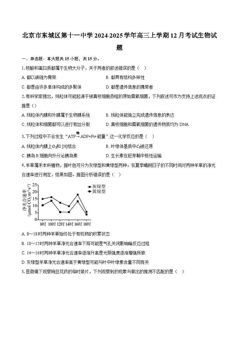 北京市东城区第十一中学2024-2025学年高三上学期12月考试生物试题第1页