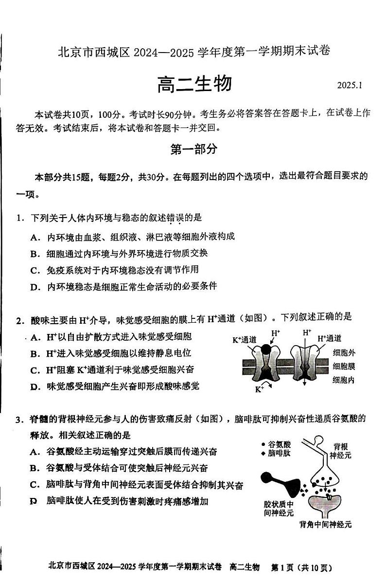 2025北京西城高二（上）期末生物试题（教师版）第1页