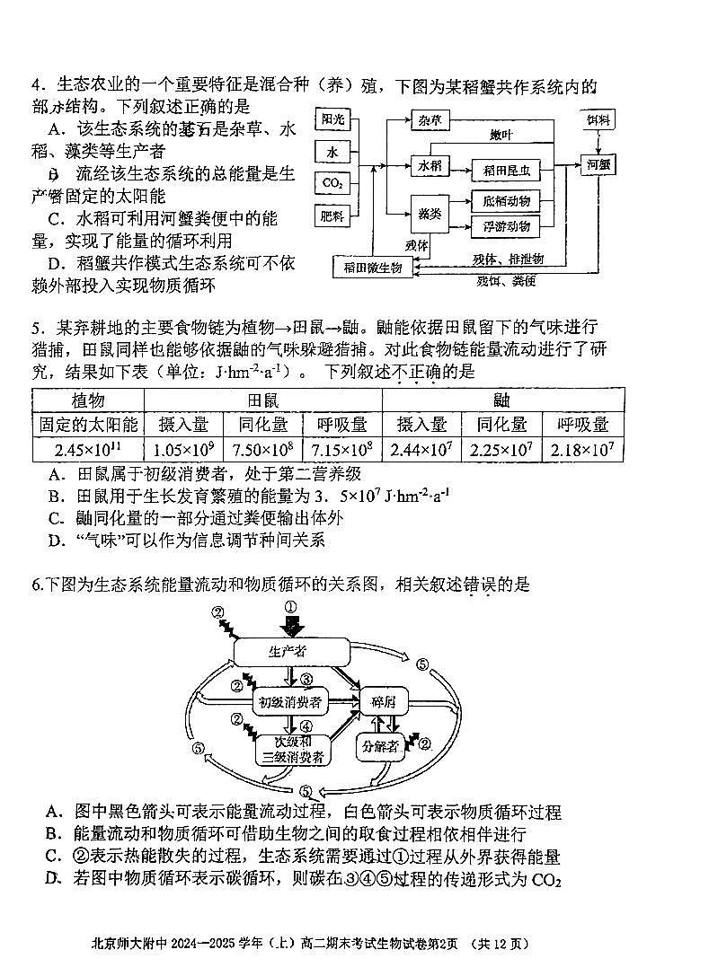 北京师范大学附属中学2024-2025学年高二上学期期末考试生物试题第2页