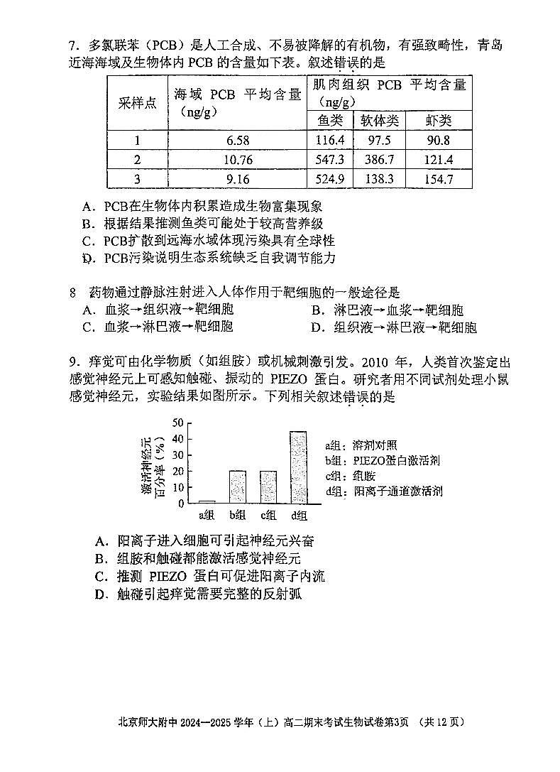 北京师范大学附属中学2024-2025学年高二上学期期末考试生物试题第3页