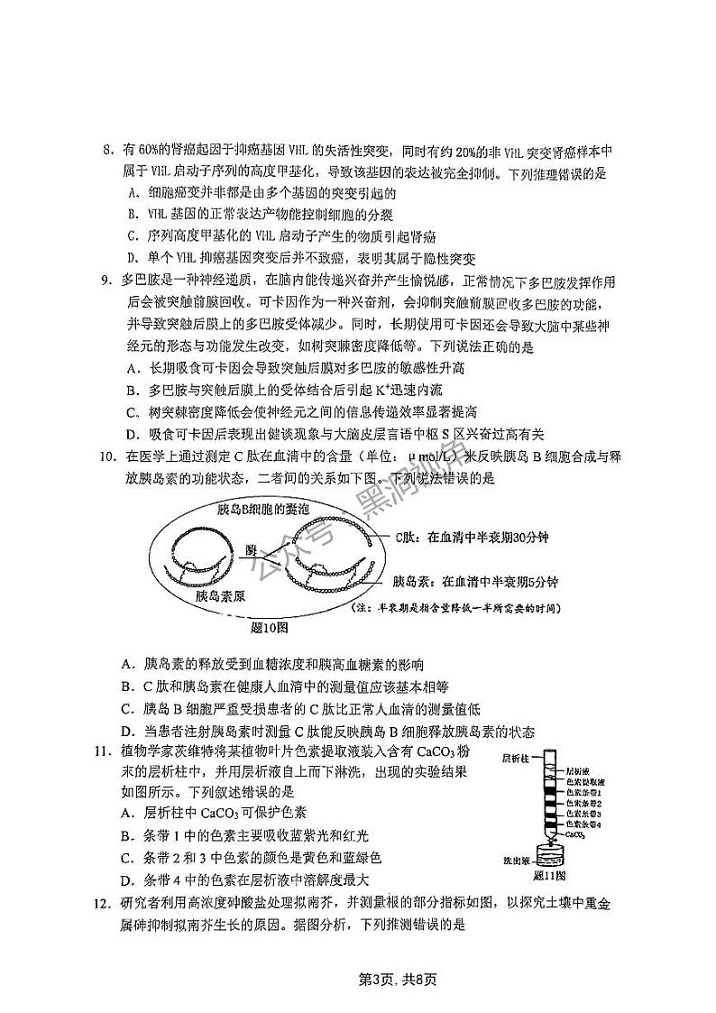 重庆主城五区2025届高三高考一模考试 生物试卷（原卷）第3页
