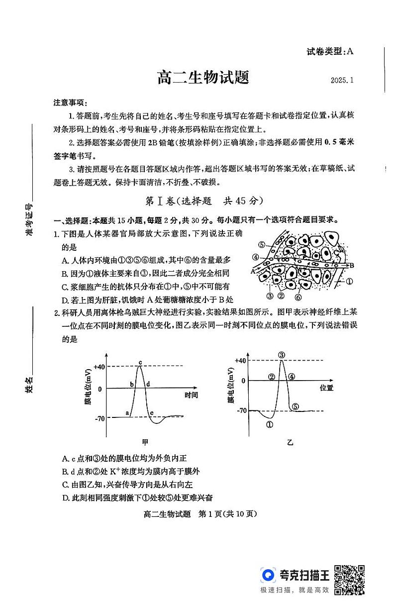 山东省滨州市2024-2025学年高二上学期1月期末生物试题第1页