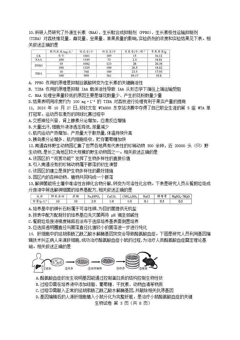 江苏省南通市一模（南通泰州镇江盐城）2025届高三第一次调研测试 生物试题及答案第3页