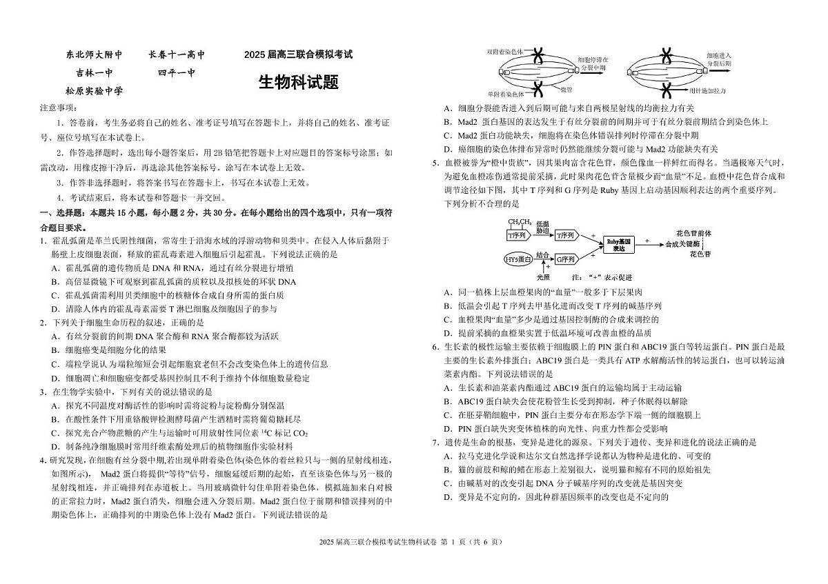 2025届高三联合模拟考试生物科试卷第1页