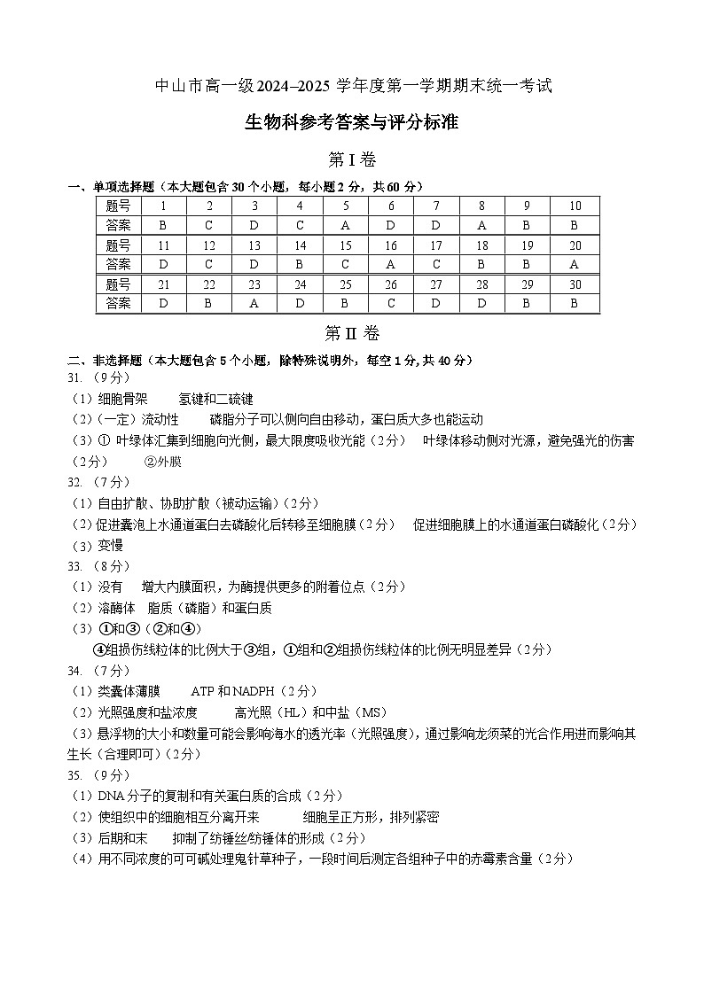 高一级生物参考答案与评分标准(2024-11)(1)第1页