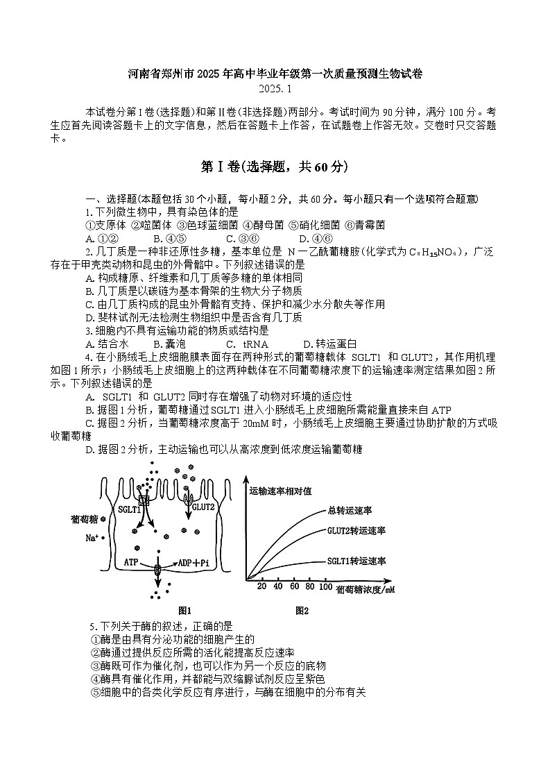 河南省郑州市2025年高中毕业年级第一次质量预测生物试卷第1页