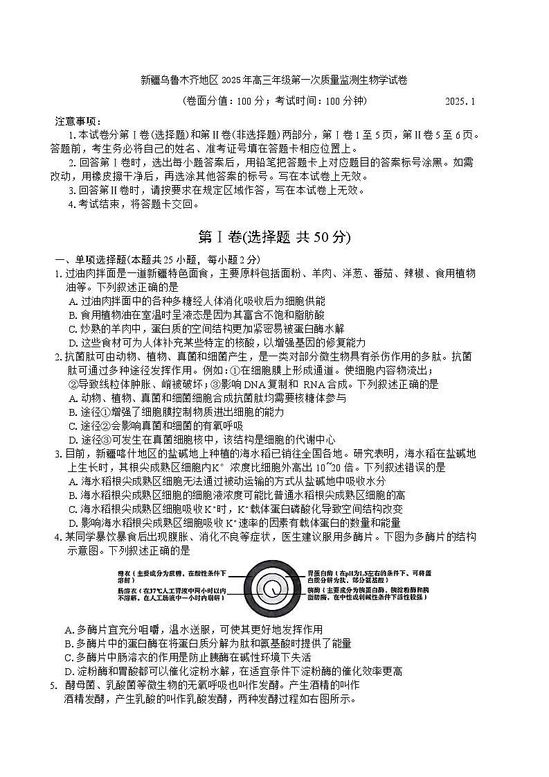 新疆乌鲁木齐地区2025年高三年级第一次质量监测生物学试卷第1页