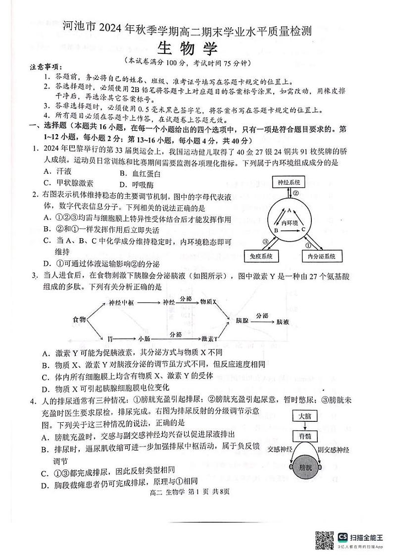 广西河池市2024年秋季学期高二年级期末教学质量检测生物 广西河池市2024年秋季学期高二年级期末教学质量检测生物第1页