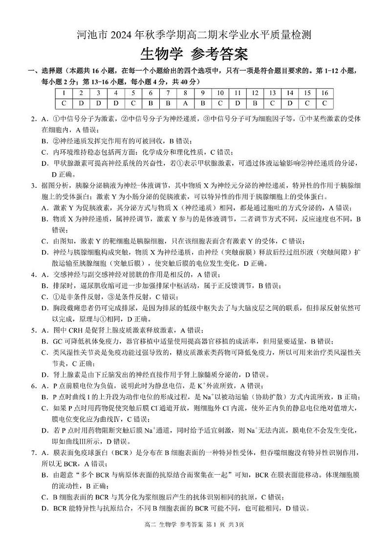广西河池市2024年秋季学期高二年级期末教学质量检测生物 高二生物 答案第1页