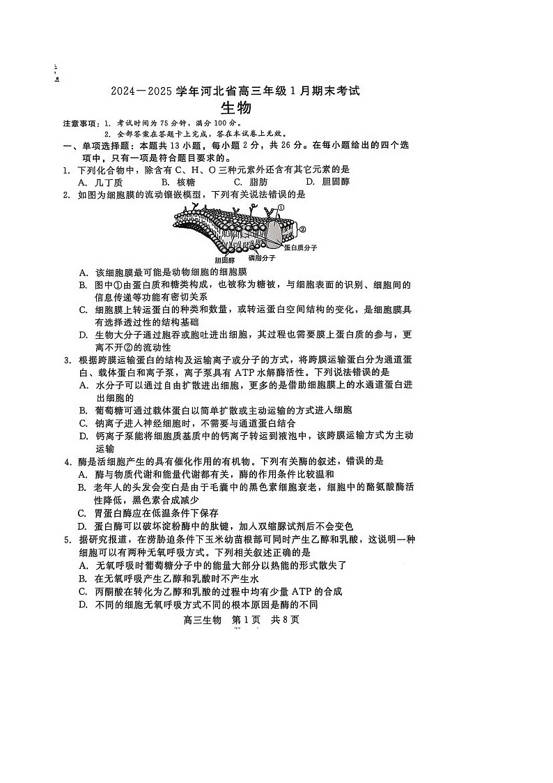 河北省部分学校高三2024--2025学年度第一学期期联考生物试卷第1页