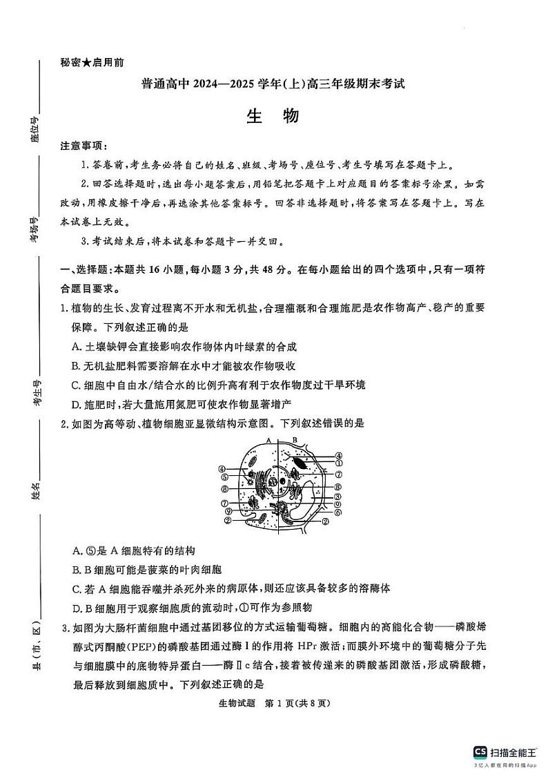 河南省周口市项城市2024-2025学年高三上学期1月期末生物试题第1页