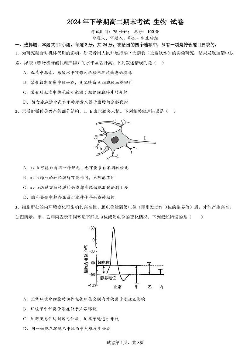 湖南省邵阳市邵东市第一中学2024-2025学年高二上学期期末考试生物试题第1页