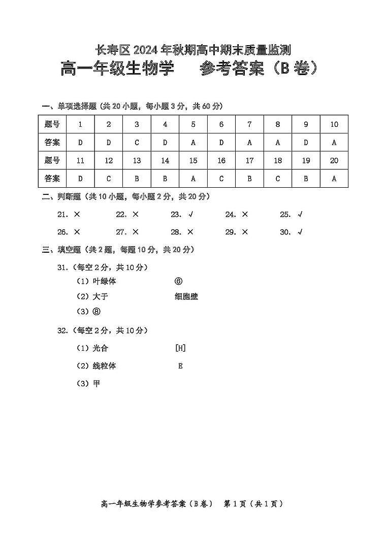 高一生物学参考答案（B卷）第1页