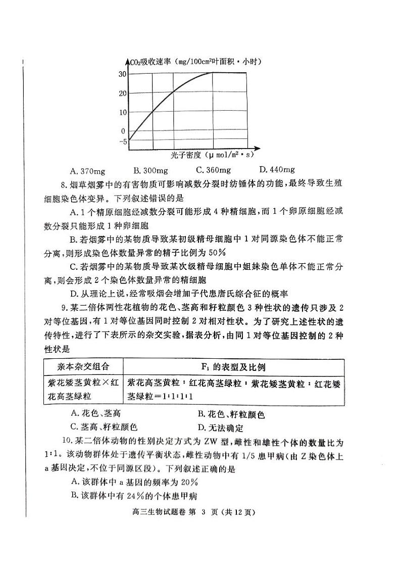 郑州市2024-2025学年高三上学期第一次质量检测（一模）生物试卷及答案第3页