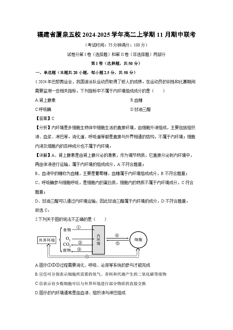 2024-2025学年福建省厦泉五校高二上学期11月期中联考生物试卷（解析版）第1页