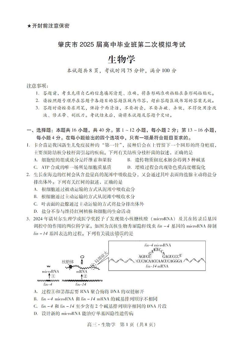 广东省肇庆市肇庆暨汕尾2025届高中毕业班第二次模拟考试期末考-生物试卷+答案第1页