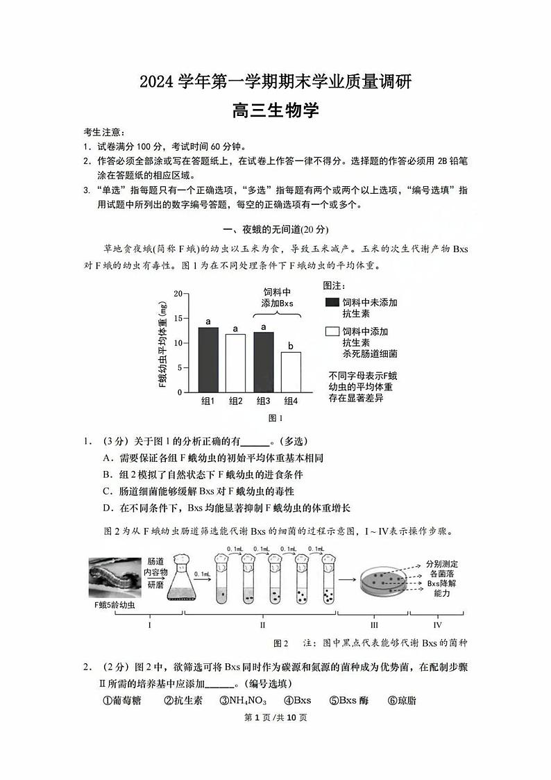 2025届上海市崇明区高三上学期期末（一模）生物试卷第1页
