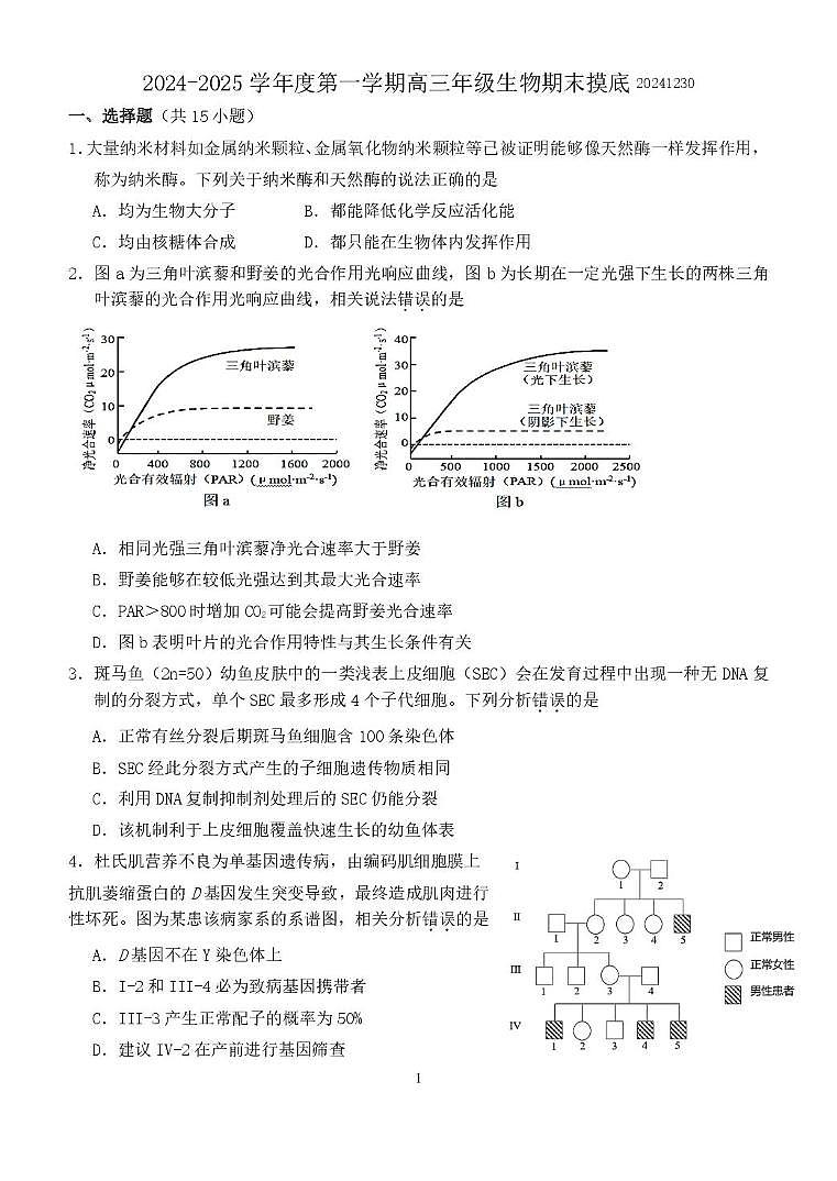 北京师范大学附属实验中学2024—2025学年高三上学期期末考试生物试题第1页
