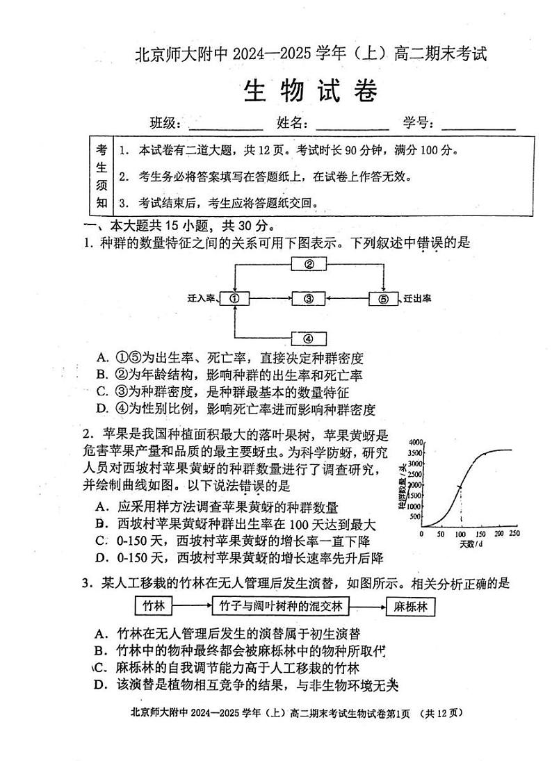 2025北京北师大附中高二（上）期末生物试卷和参考答案第1页