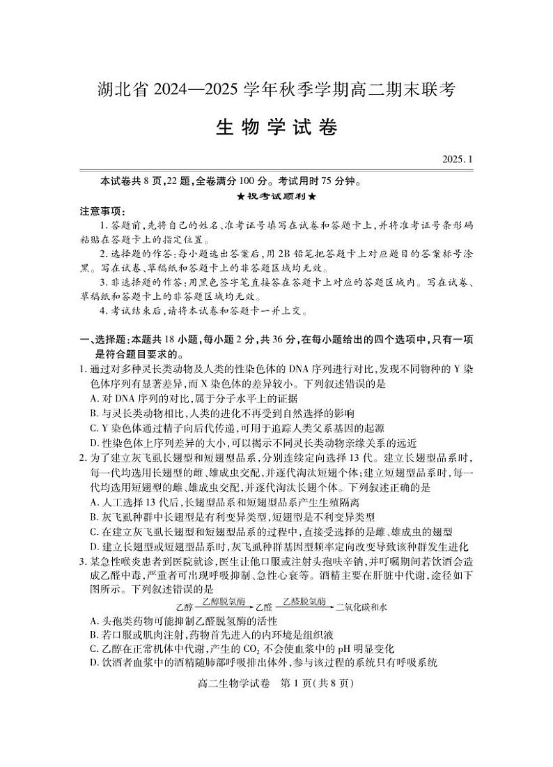 2025湖北省高二上学期期末考试生物PDF版含答案第1页