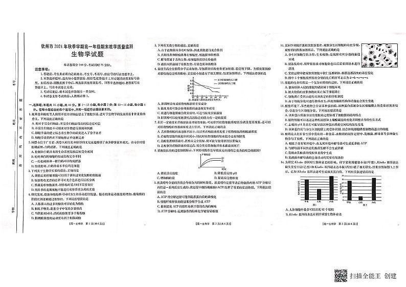 广西钦州市2024-2025学年高一上学期期末检测生物试题第1页