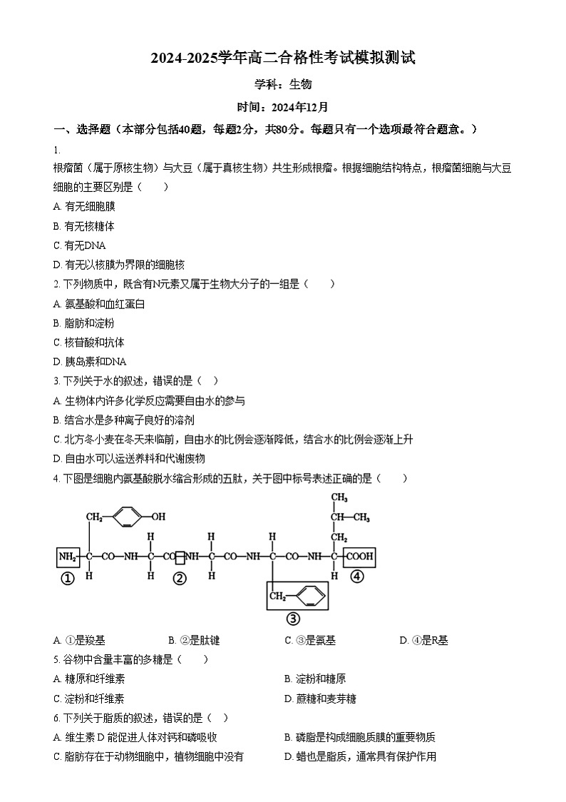 江苏省泰州市2024-2025学年高二上学期12月合格性考试模拟测试生物试题  Word版无答案第1页