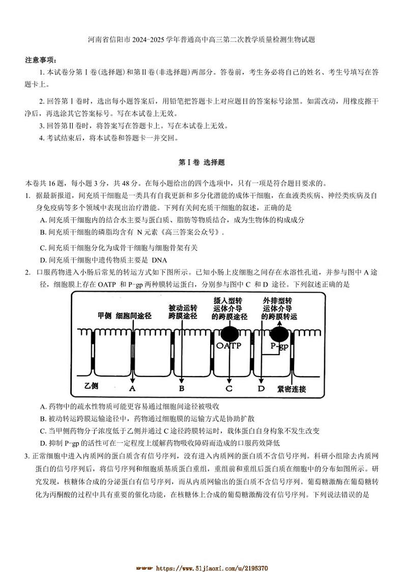 2024～2025学年河南省信阳市普通高中高三上(二)教学月考生物模拟试卷(含答案)第1页
