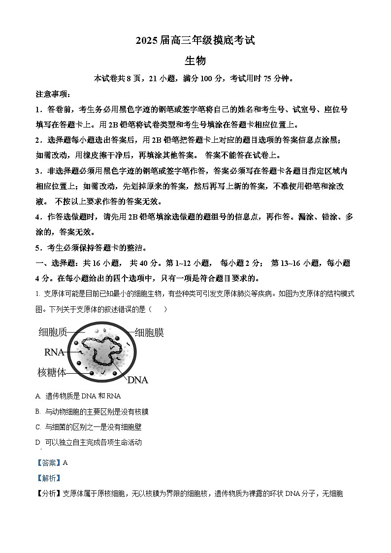 广东省深圳中学2024-2025学年高三上学期第一次摸底考试生物试题（解析）第1页