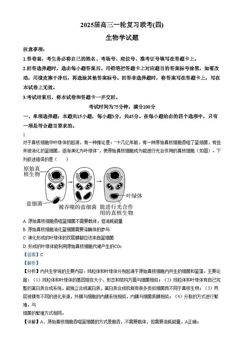 安徽省阜阳市第五中学2024-2025学年高三上学期12月月考生物试卷  Word版含解析第1页