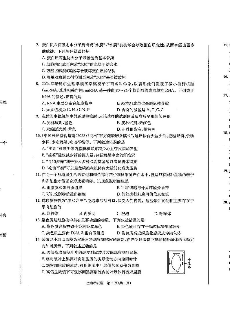 四川省成都市2027届高一上期期末统一调研考试生物第2页