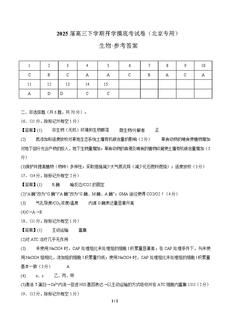 【开学摸底考】高三生物开学摸底考（北京专用）-2024-2025学年高中下学期开学摸底考试卷 （参考答案）第1页