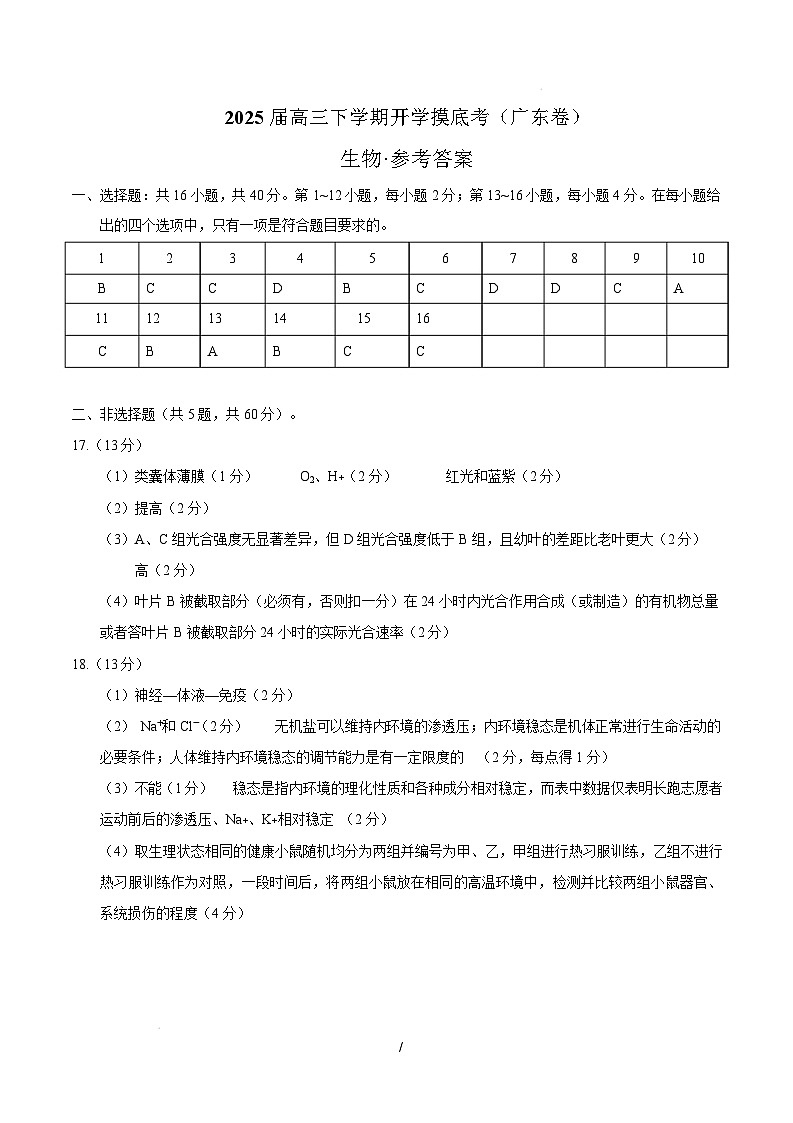 【开学摸底考】高三生物开学摸底考（广东专用）（参考答案）第1页