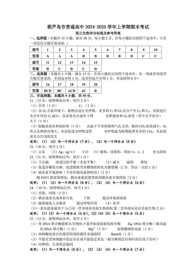 2025年1月高三生物期末考试答案第1页