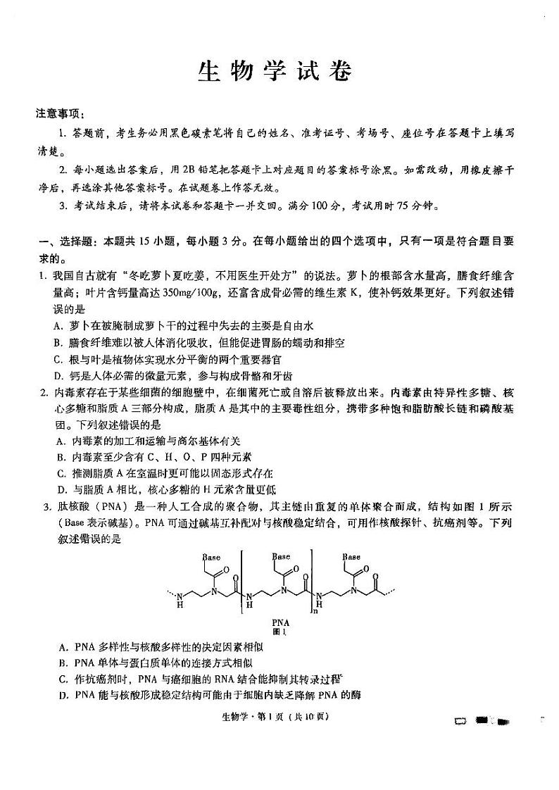 重庆市巴蜀中学2025届高考适应性月考卷（一）生物+答案第1页