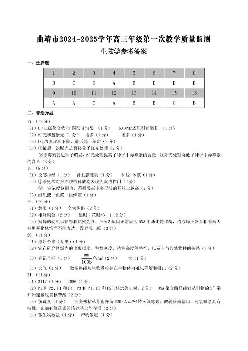 云南省曲靖市2025届高三上学期第一次教学质量监测生物答案第1页