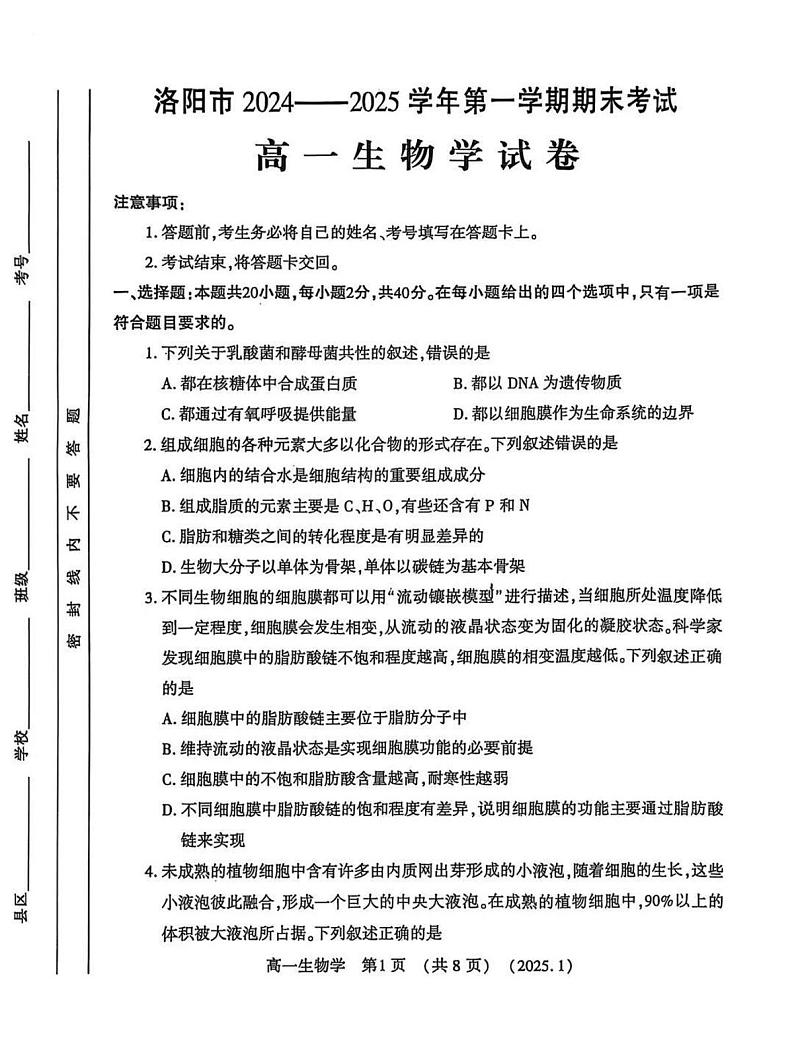 洛阳市2024-2025学年高一上学期期末生物试卷及答案第1页