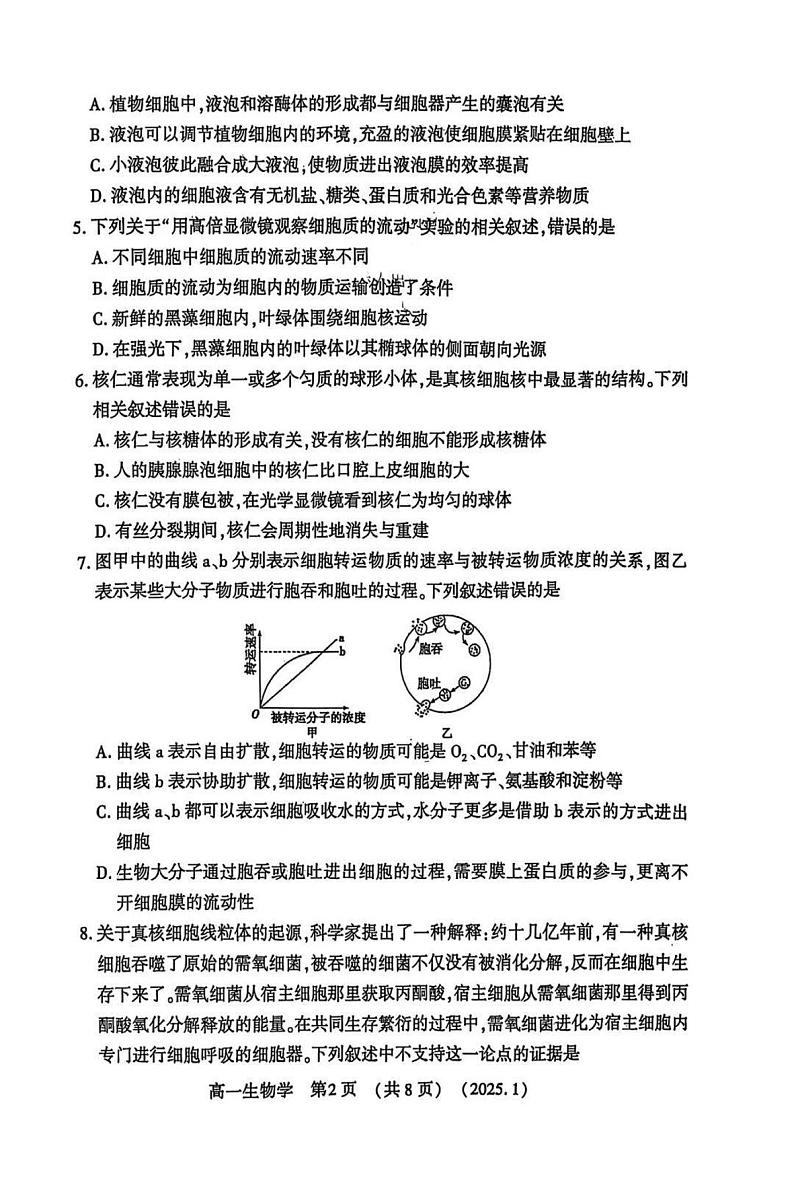 洛阳市2024-2025学年高一上学期期末生物试卷及答案第2页