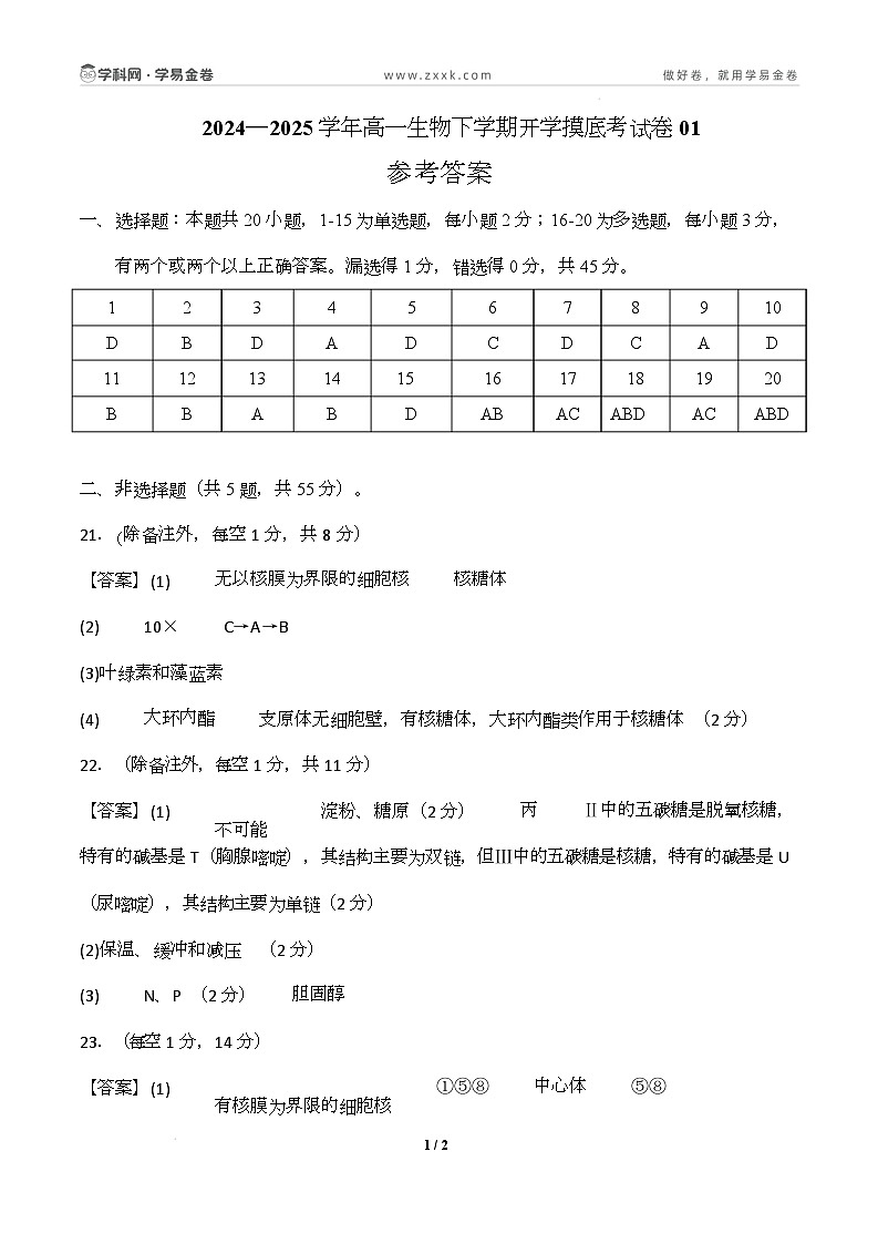 高一生物开学摸底考01（人教版2019）-2024-2025学年高中下学期开学摸底考试卷 高一生物开学摸底考（人教版2019）01（参考答案）第1页