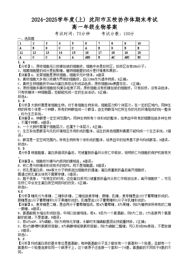 辽宁省沈阳市2024-2025学年度上学期高一期末五校联考生物试题五校联考高一期末生物试卷参考答案第1页