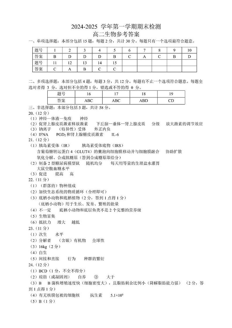 2024-2025学年第一学期期末检测高二生物答案第1页