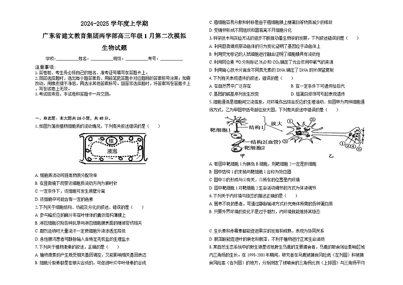 广东省建文教育集团两学部2025届高三上学期1月第二次模拟考试生物试题（Word版附解析）第1页