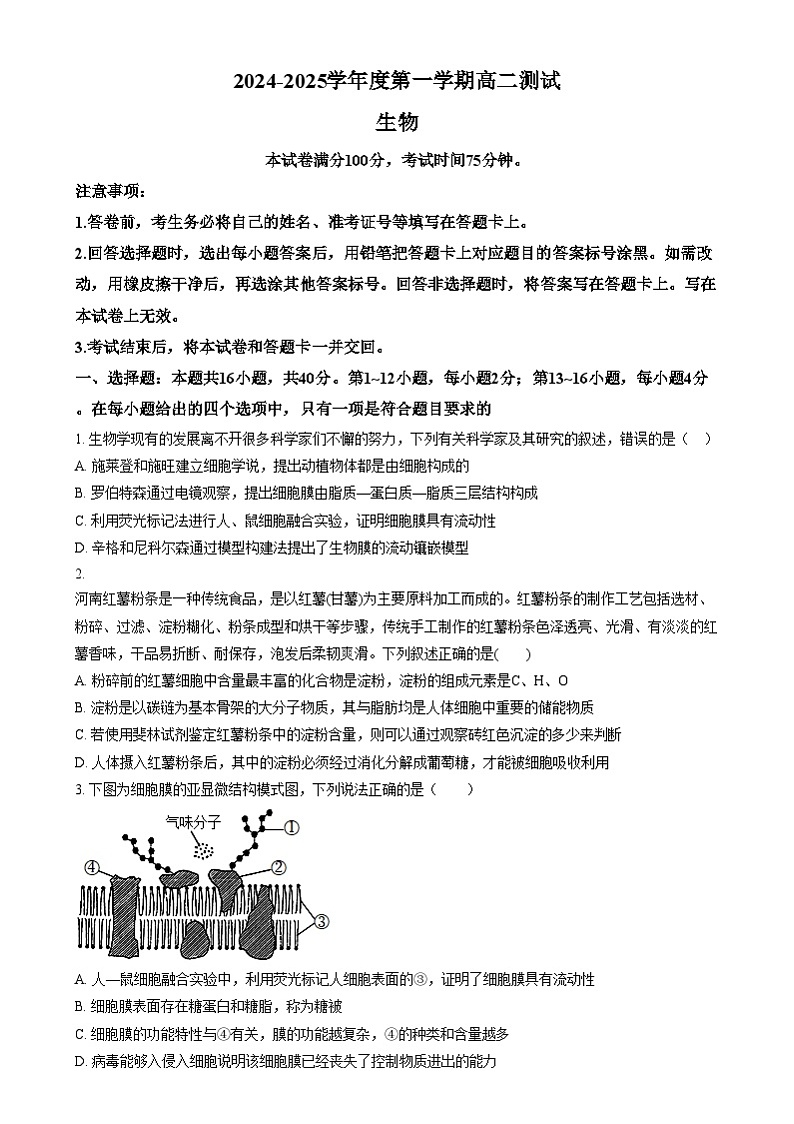 广东省阳江市高新区2024-2025学年高二上学期1月期末生物试题  Word版无答案第1页