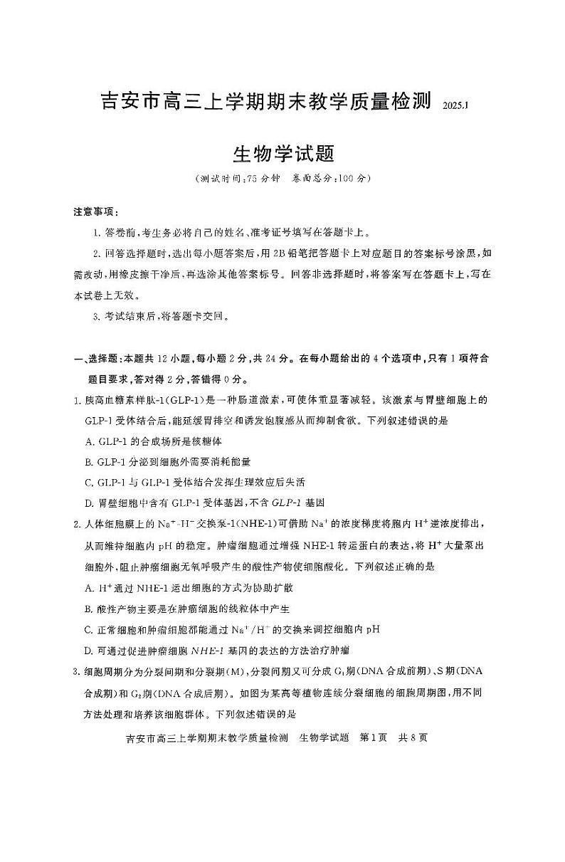 江西省吉安市2025届高三上学期1月期末教学质量检测-生物试卷+答案第1页