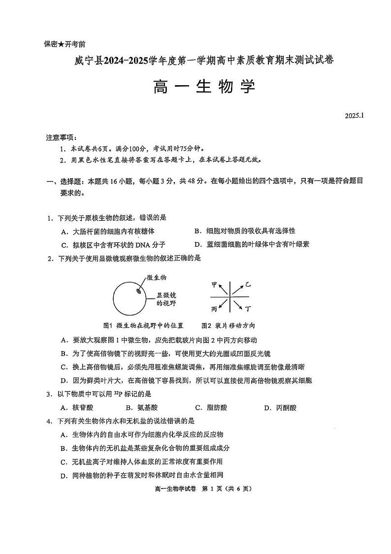 贵州省毕节市威宁彝族回族苗族自治县第八中学2024-2025学年高一上学期期末考试生物试卷第1页