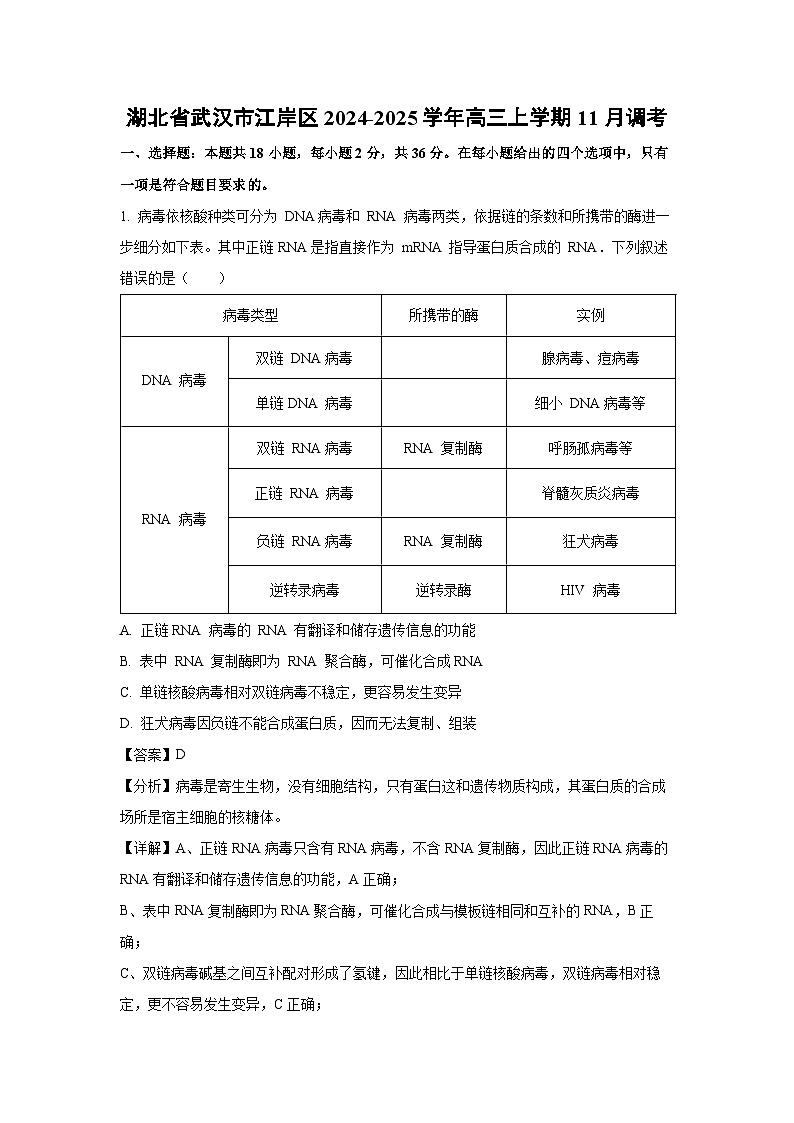 2024-2025学年湖北省武汉市江岸区高三上学期11月调考生物试卷（解析版）第1页